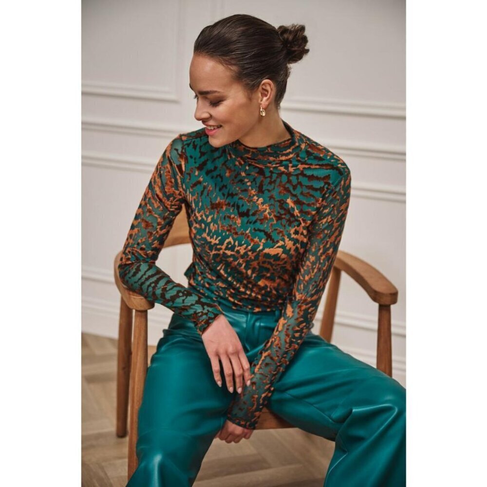 NWT ESQUALO EMBERLY Copper & Teal Leopard Print Mesh Longsleeve Top